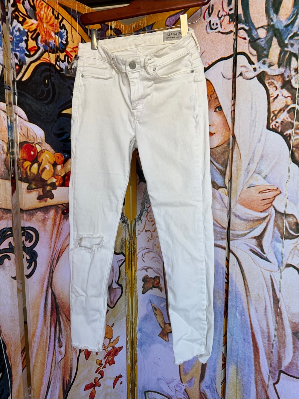 All Saints Grace White low rise Distressed Skinny Jeans
